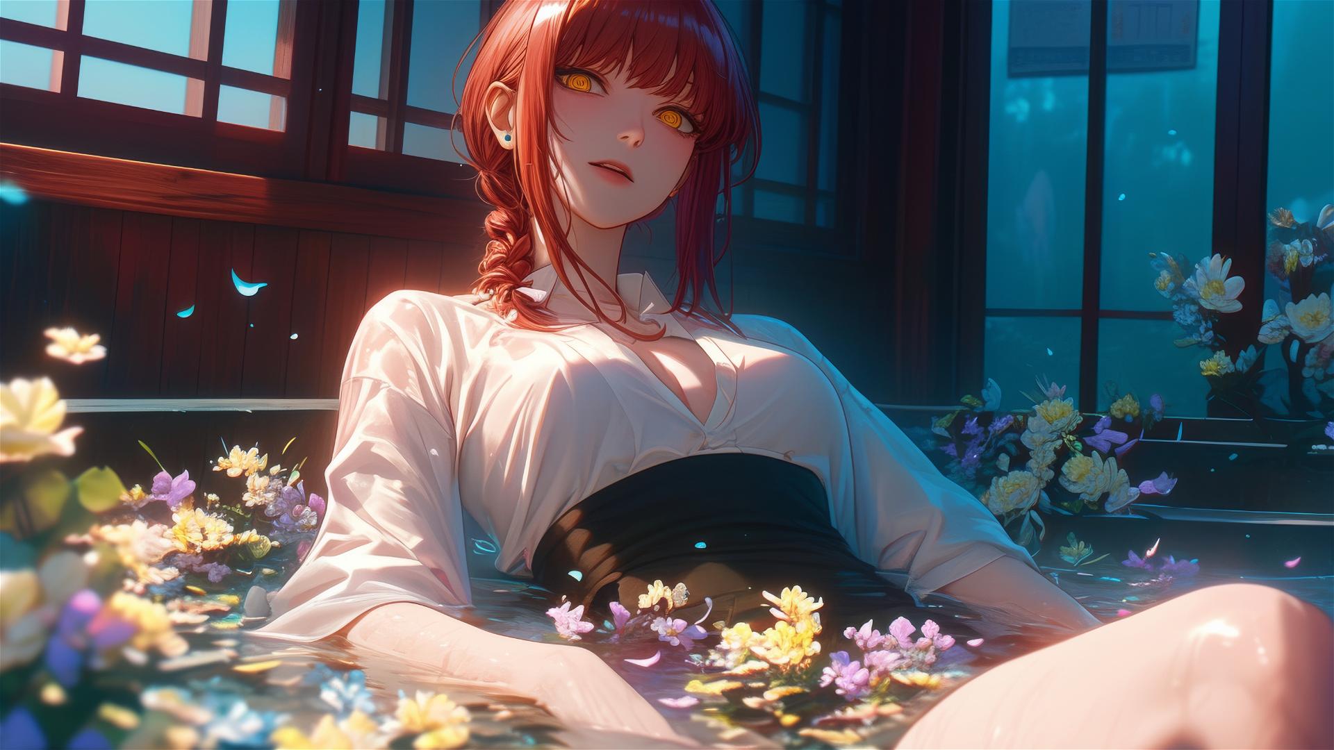 Makima from Chainsaw Man in a tub of flowers at a Chinese spa.