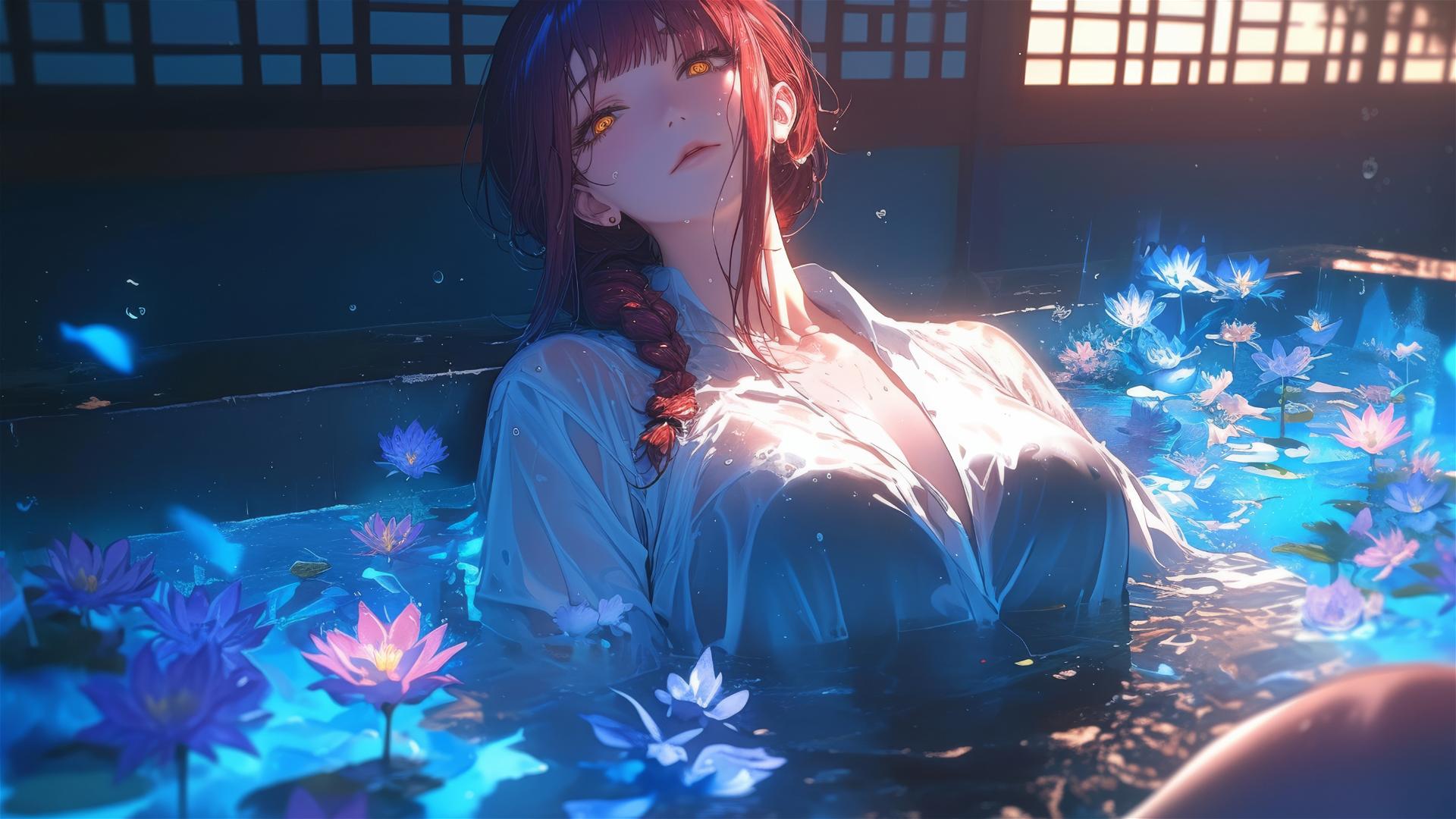 Makima from Chainsaw Man in a flower-filled tub at a Chinese spa