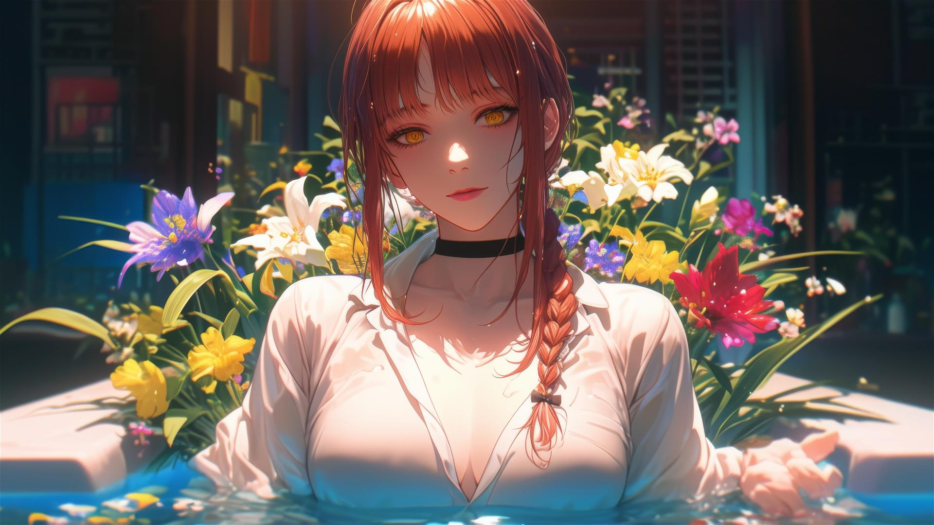 Makima from Chainsaw Man in tub full of flowers at Chinese spa