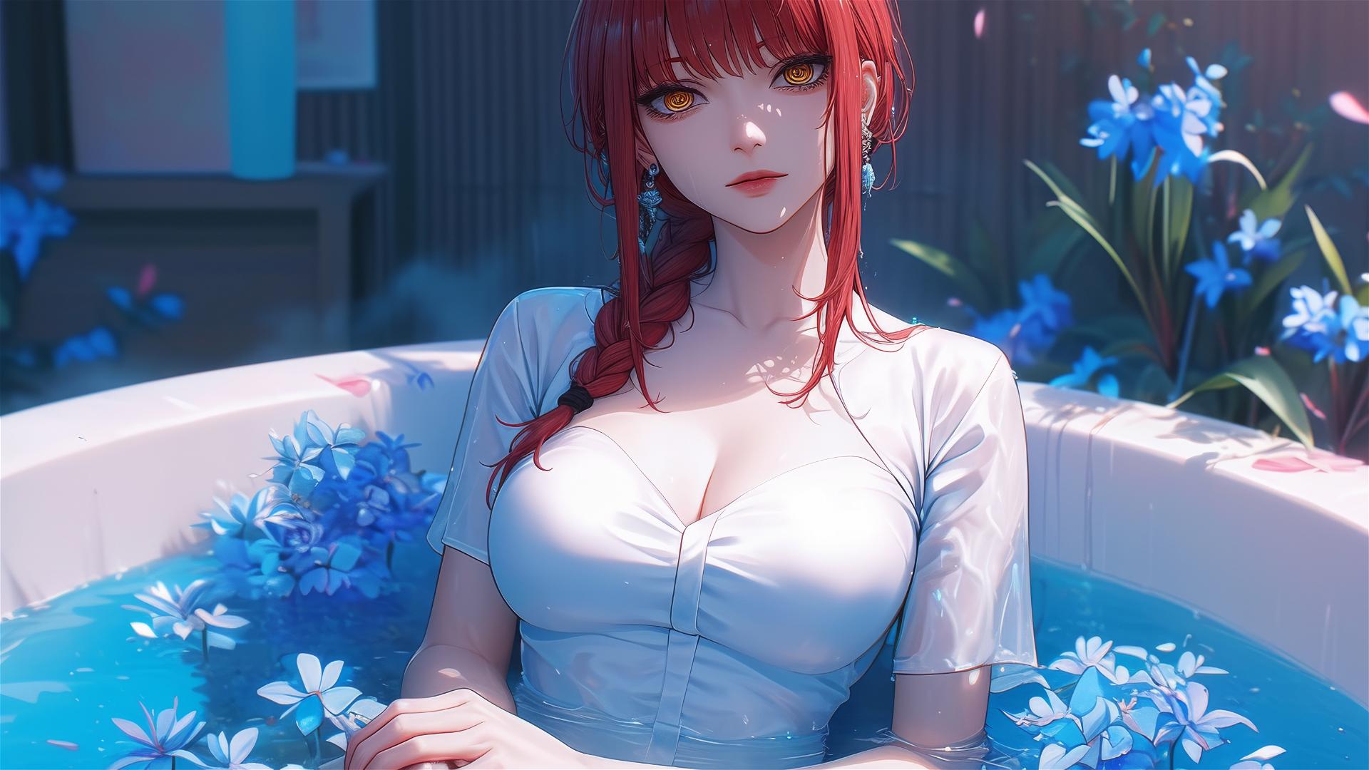 Makima from Chainsaw Man in a flower-filled tub inside a Chinese spa