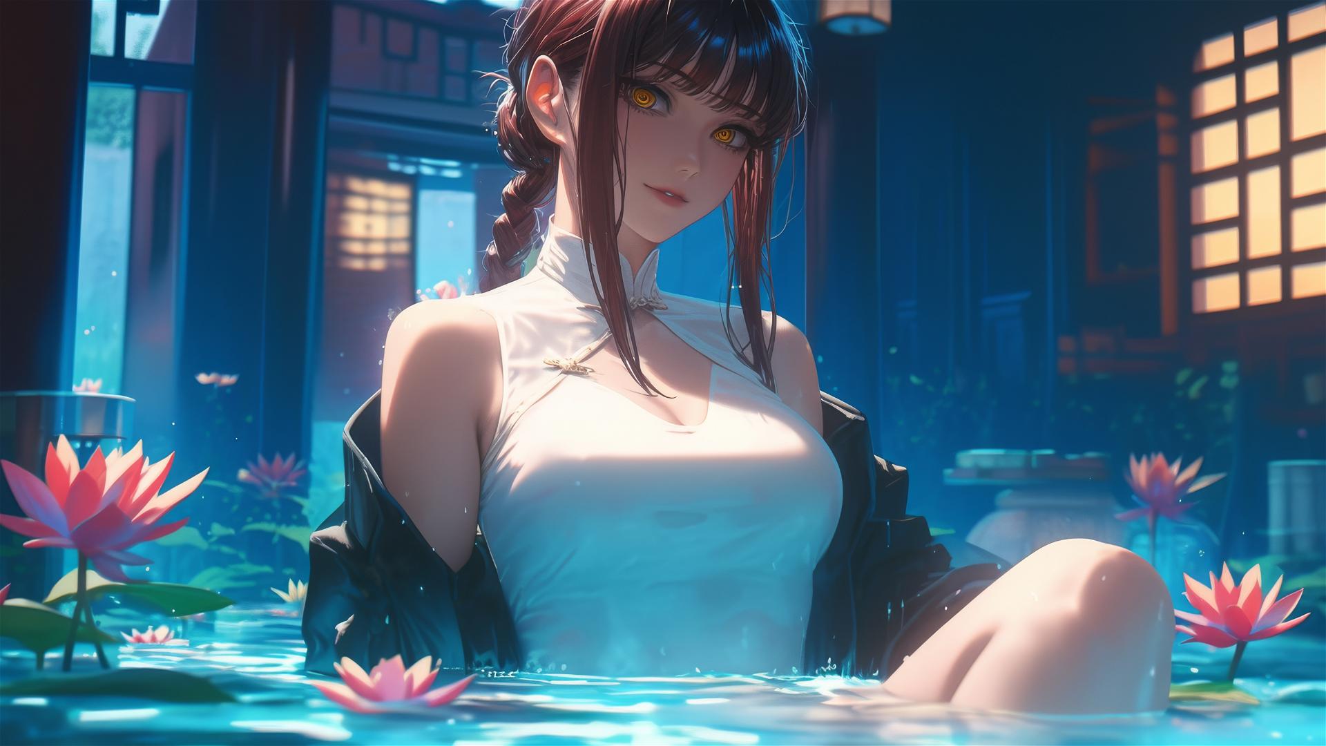 Makima from Chainsaw Man in floral tub at Chinese spa