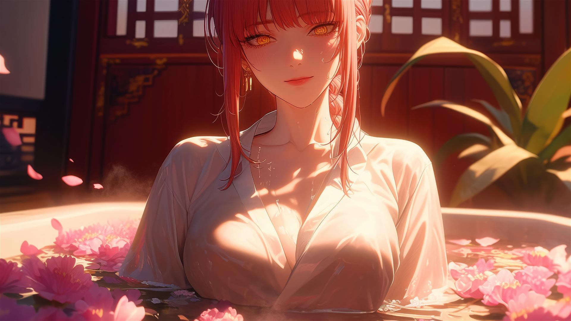 Makima from Chainsaw Man in a flower-filled tub at a Chinese spa