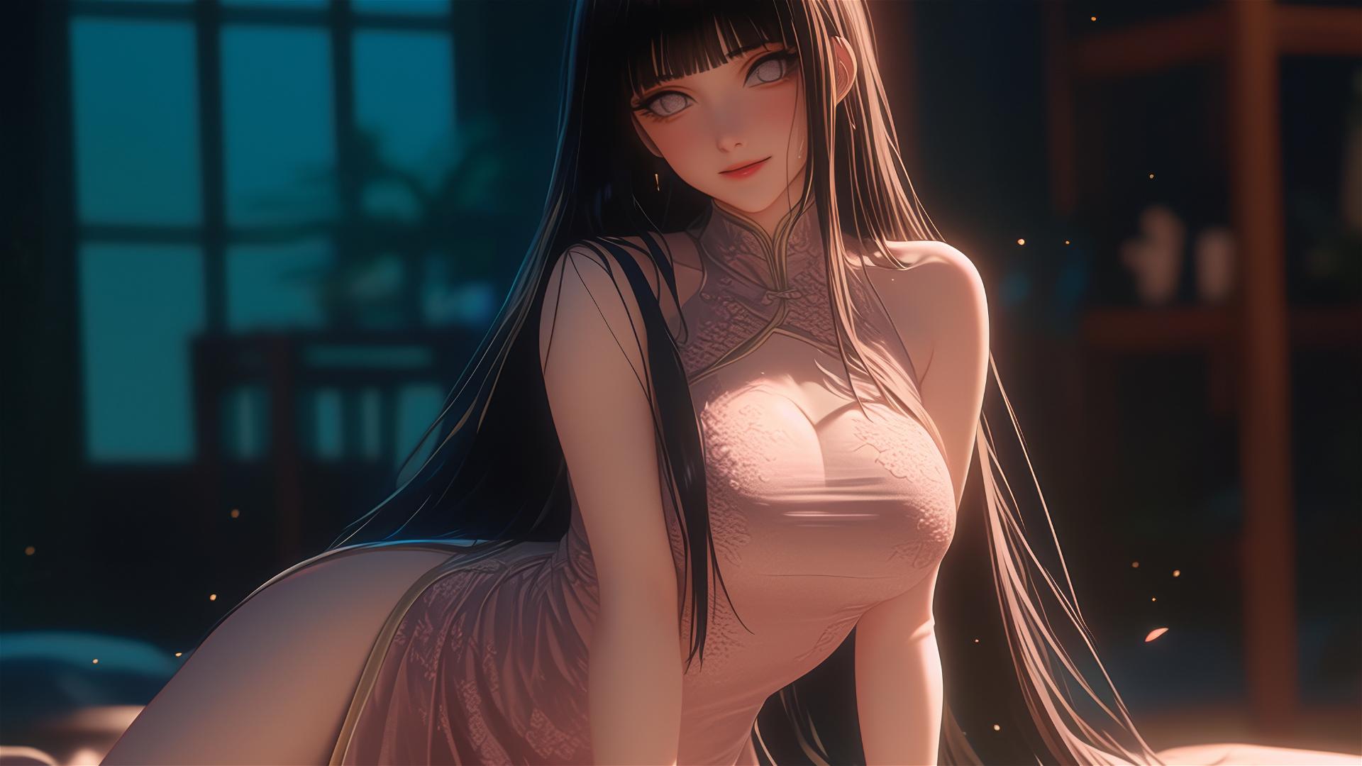 Hinata Hyuga sitting in a modern apartment with warm light, wearing a pure pink dress.