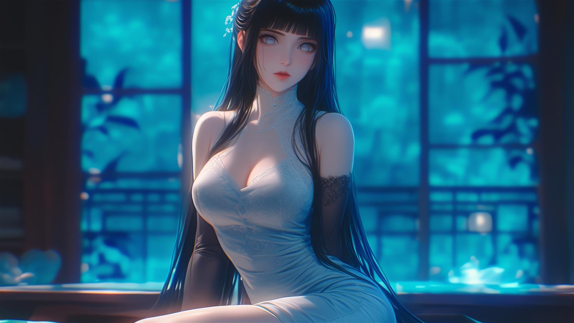 Hinata Hyuga sitting in a modern apartment with warm light, wearing a pink dress.
