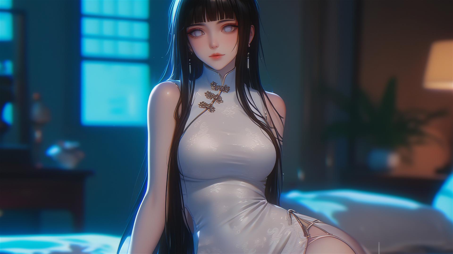 Hinata Hyuga sitting in a modern apartment, warm light glow, white eyes, pink dress.