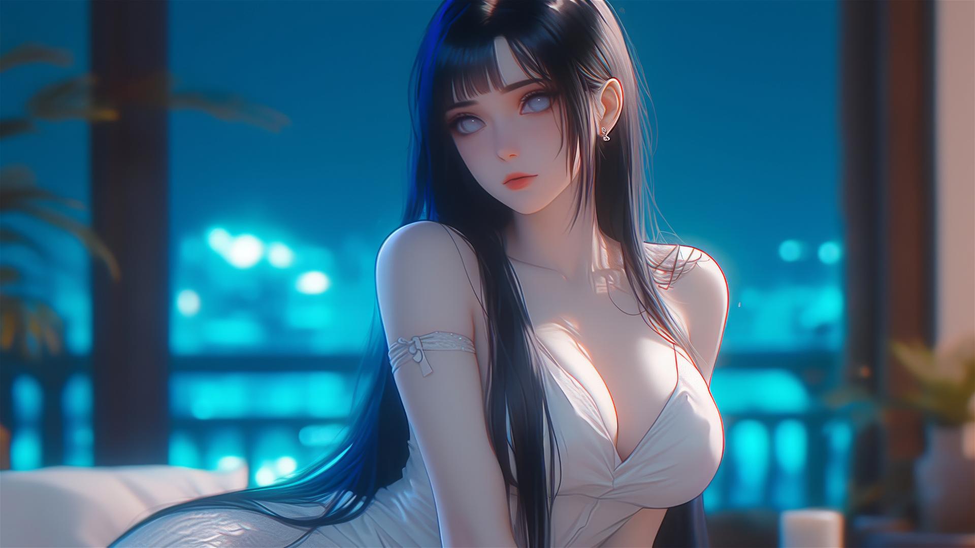 Hinata Hyuga sitting in a modern apartment, warm light, white eyes, pink dress.