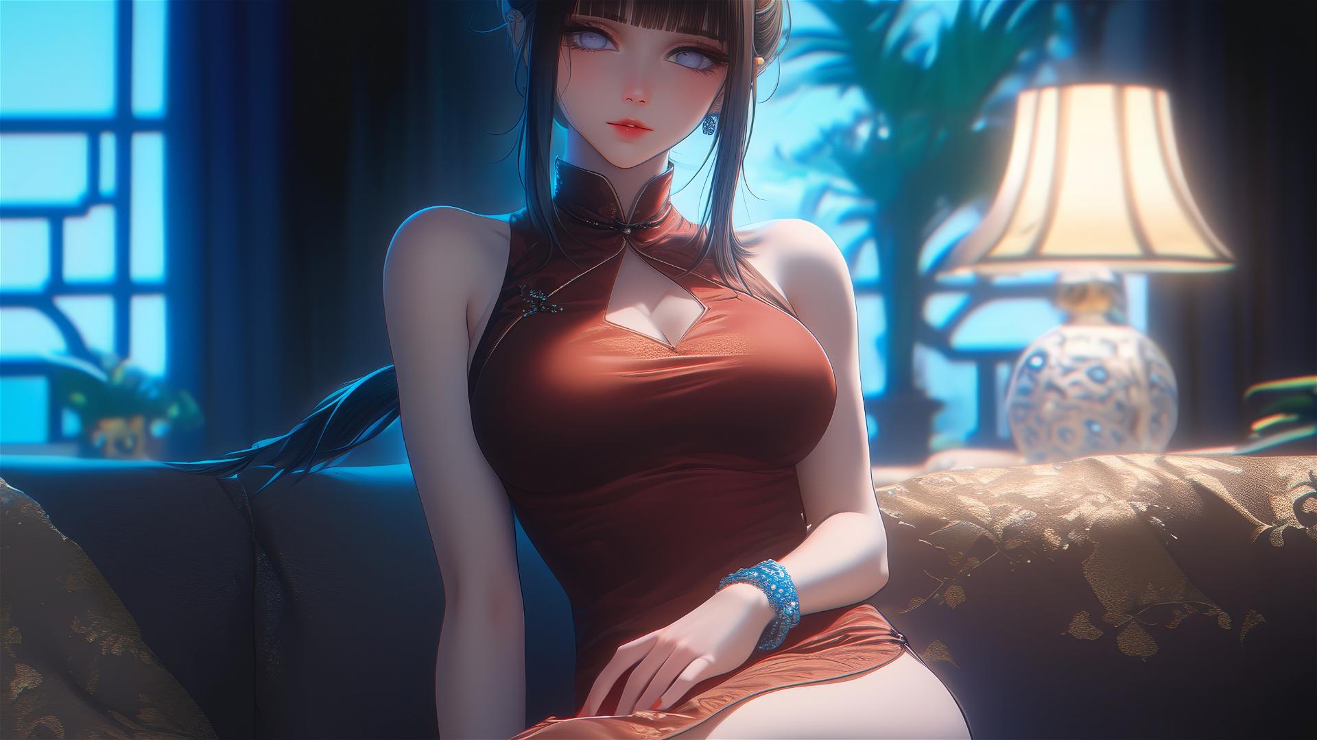 Hinata Hyuga in red dress seated at modern hotel