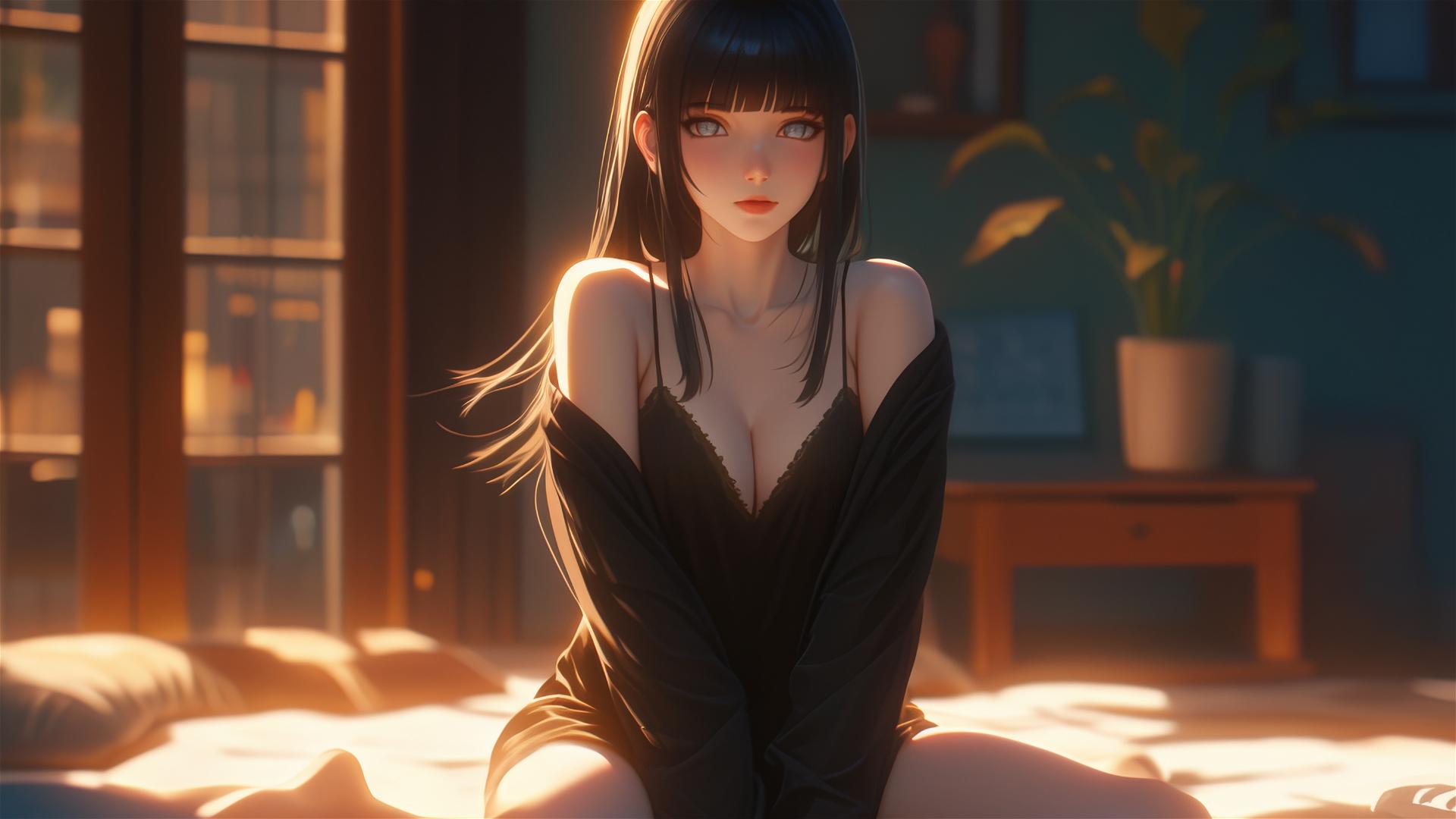 Hinata Hyuga sitting at a modern hotel under warm light.