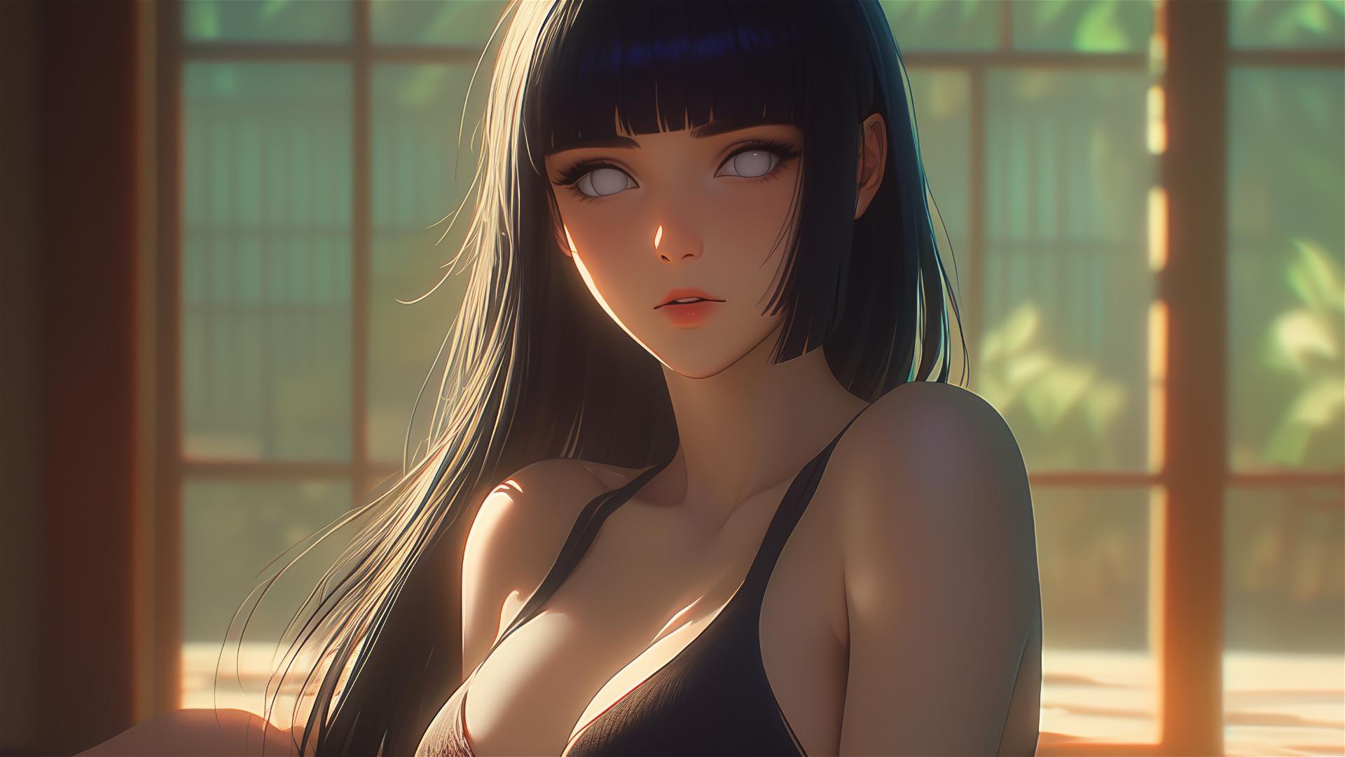Hinata Hyuga from Naruto sitting at a modern hotel with warm, soft lighting.