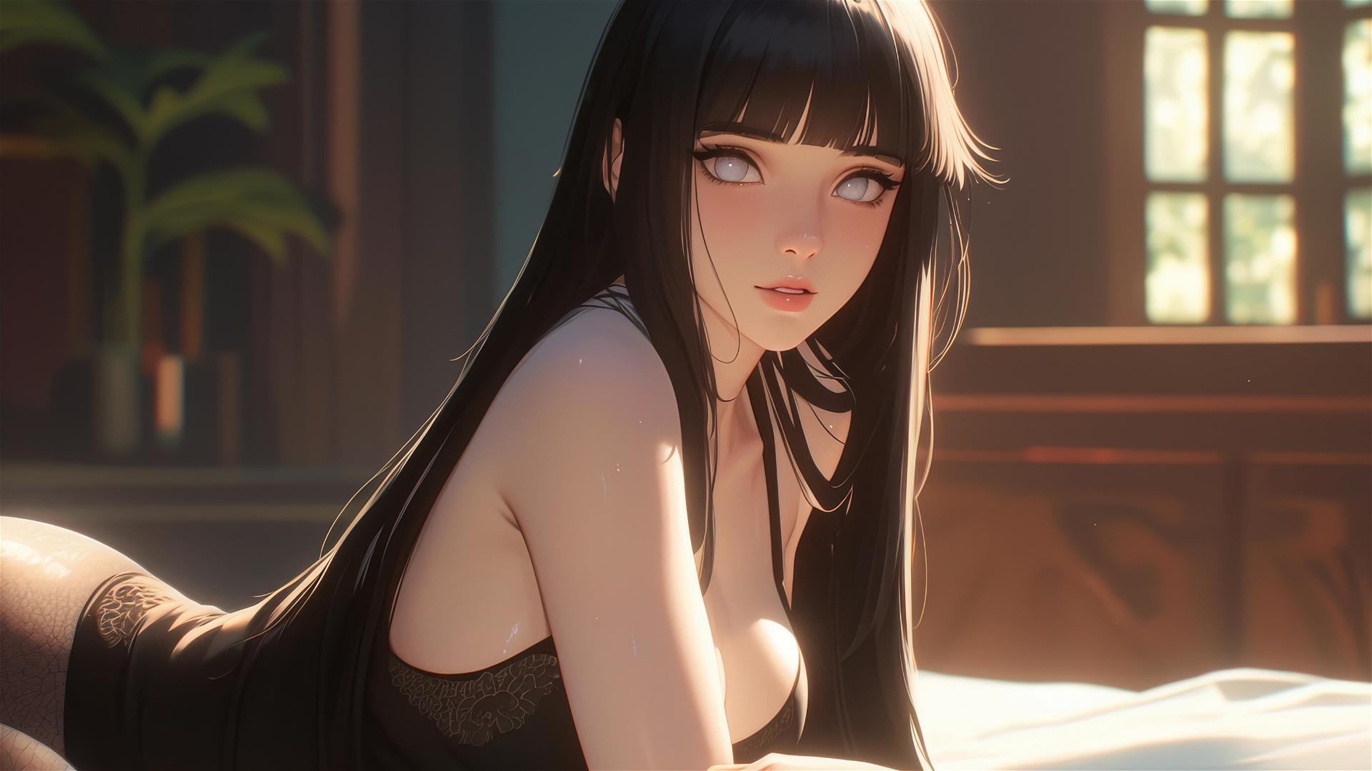 Hinata Hyuga from Naruto sitting in a modern hotel with warm light.