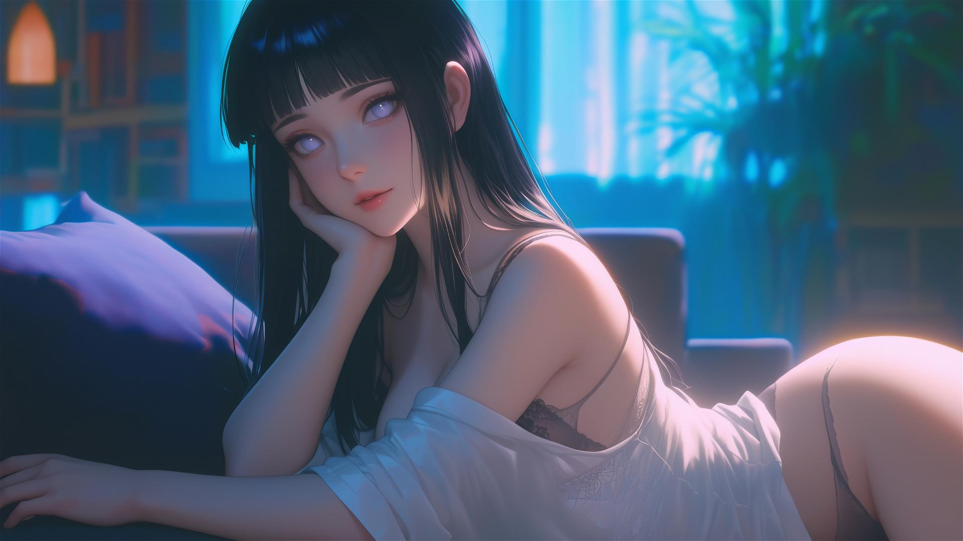 Hinata Hyuga resting at modern hotel with warm light and white eyes