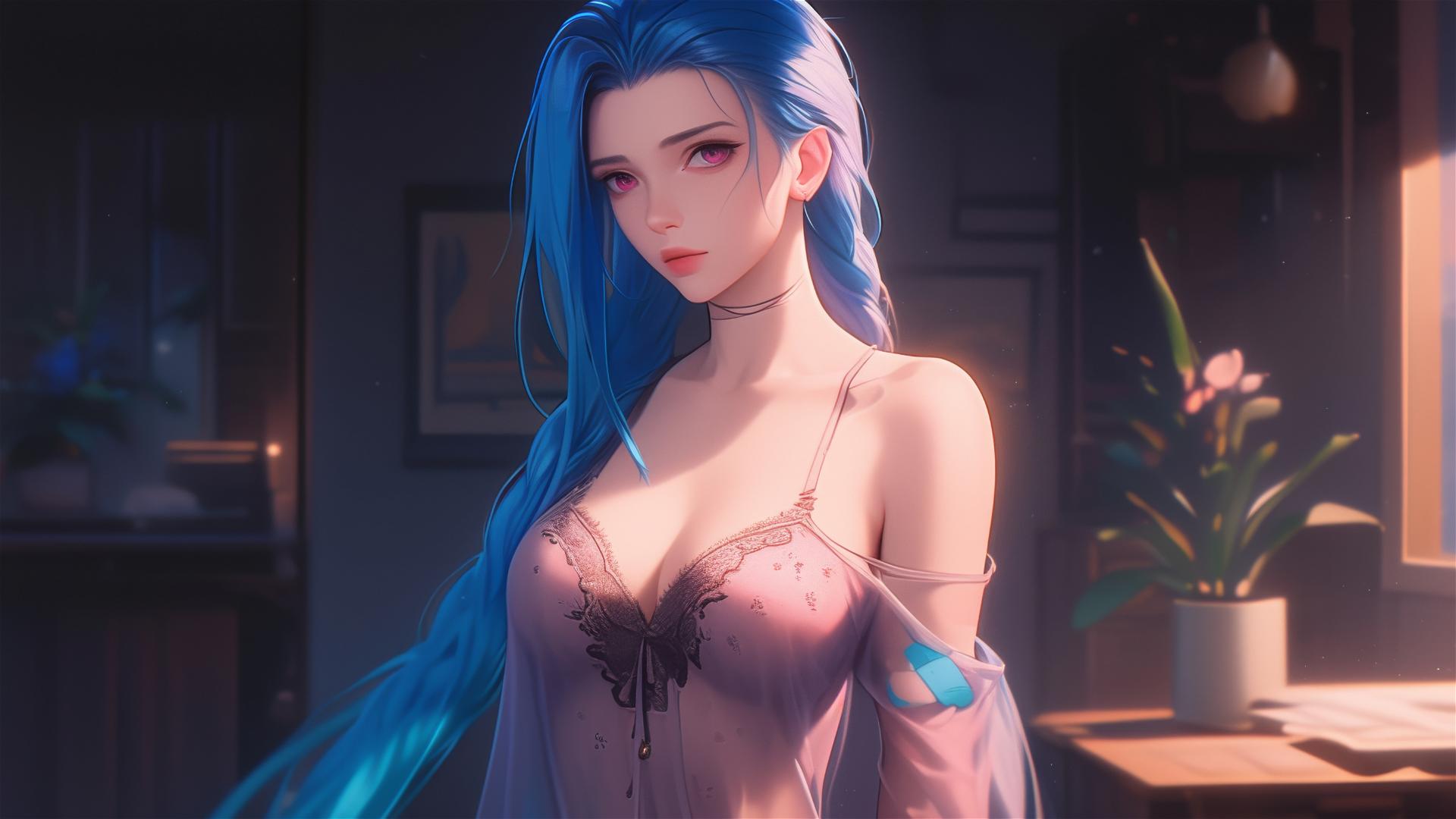 Jinx from League of Legends standing in apartment, warm light, blue hair, pink eyes, silk pajamas