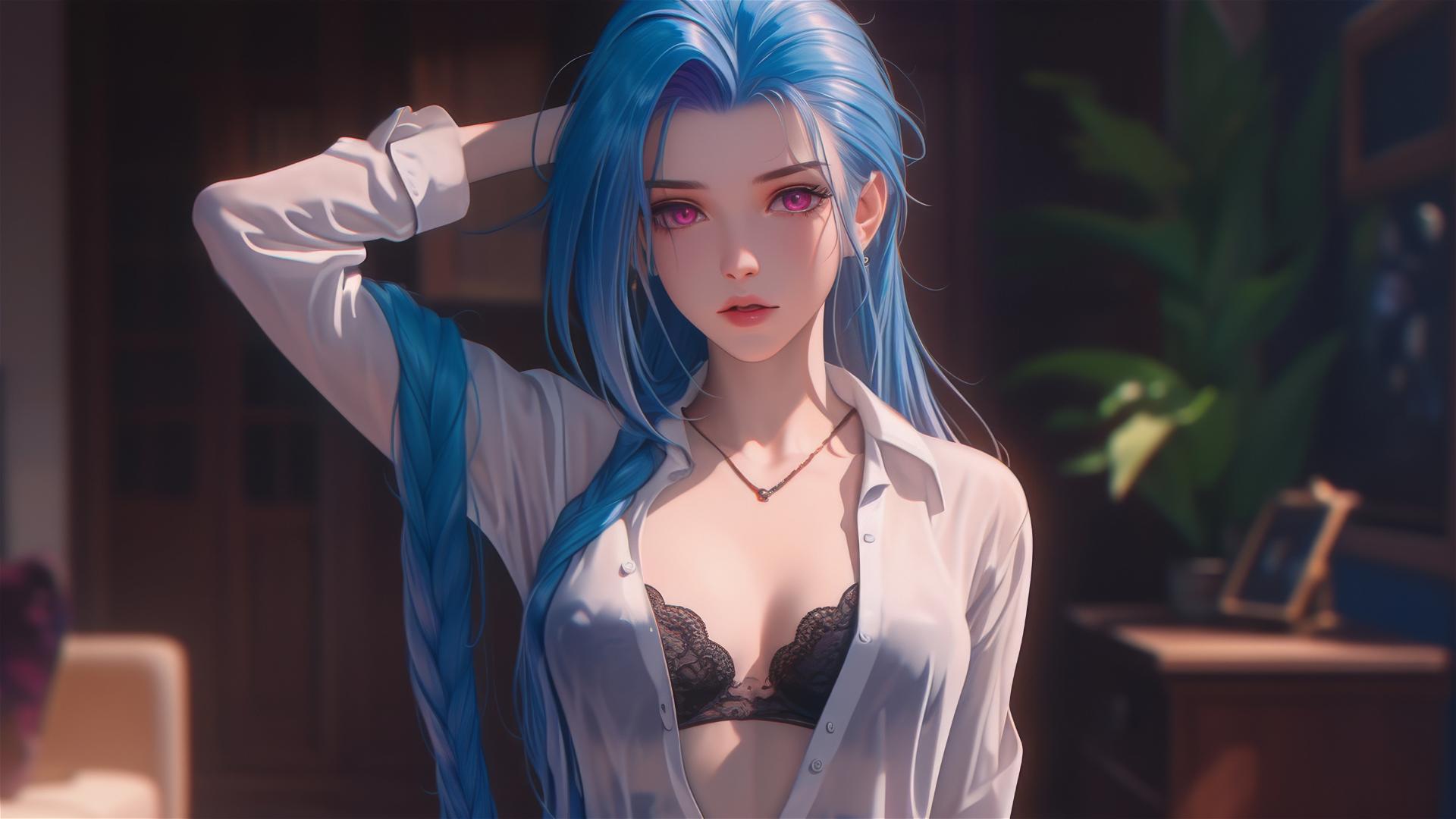Jinx from League of Legends standing in an apartment, in silk pajamas, warm light glowing