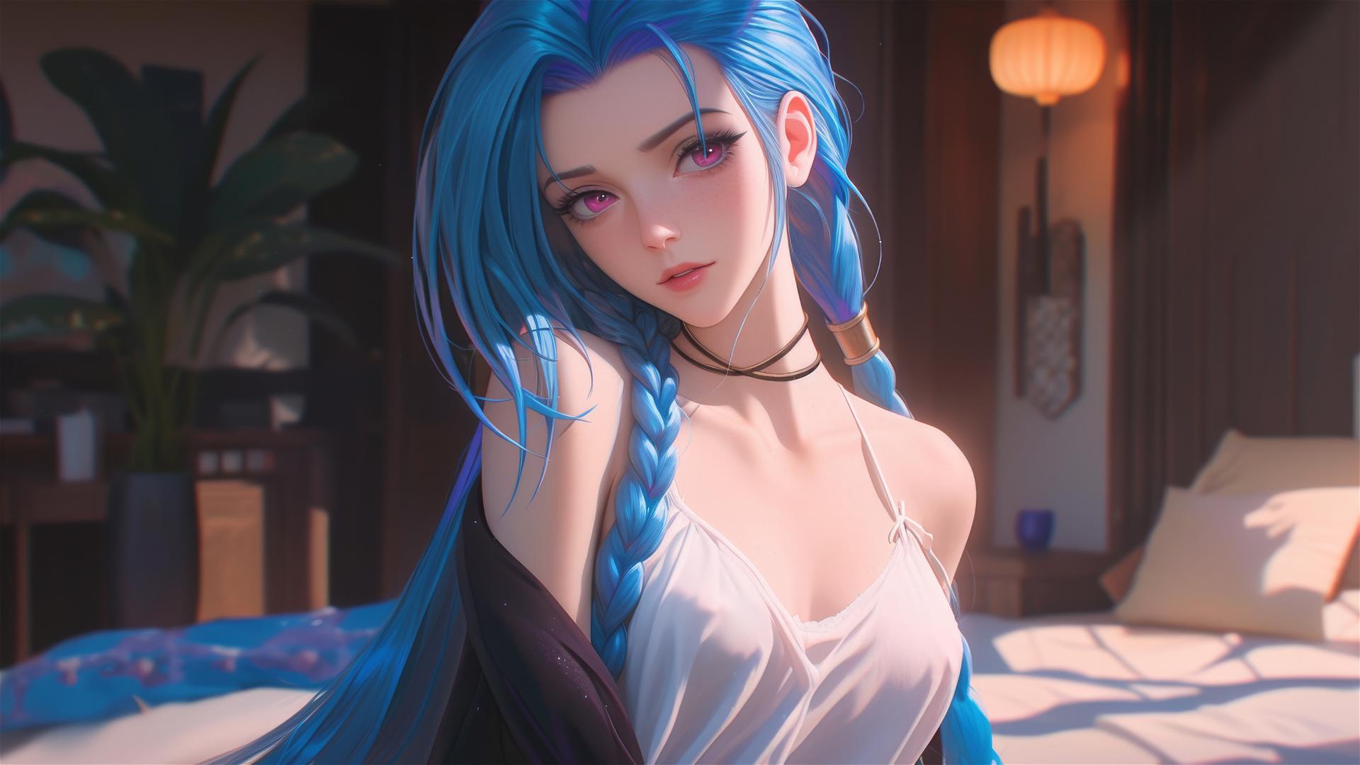Jinx from League of Legends with blue hair, pink eyes, and silk pajamas.