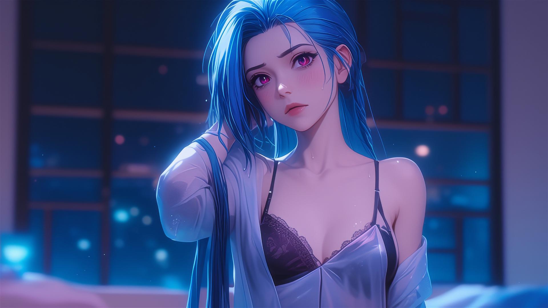 Jinx from League of Legends stands in apartment under moonlight