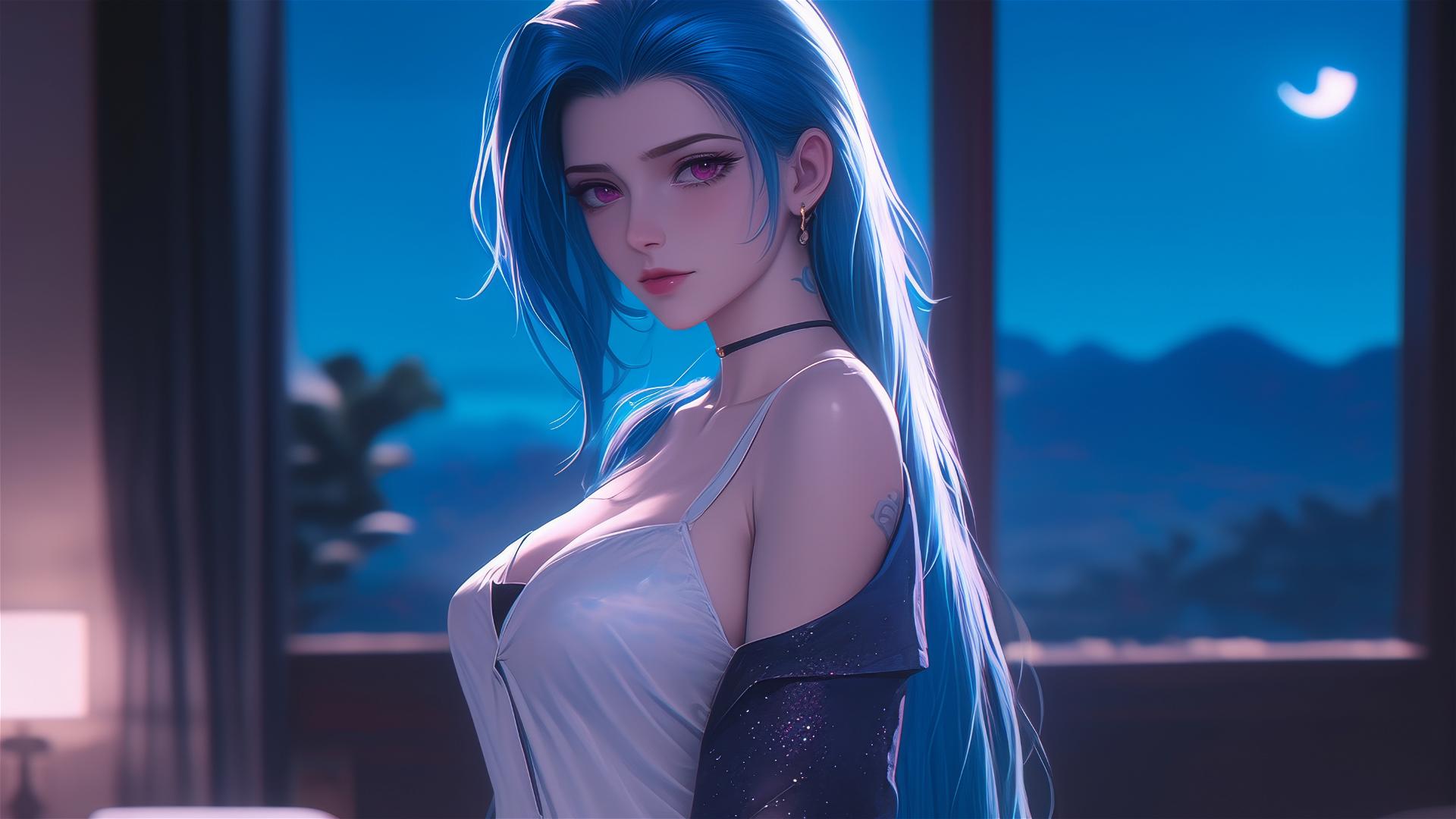 Jinx from League of Legends stands in the moonlit apartment, pink eyes, blue hair, silk pajamas.