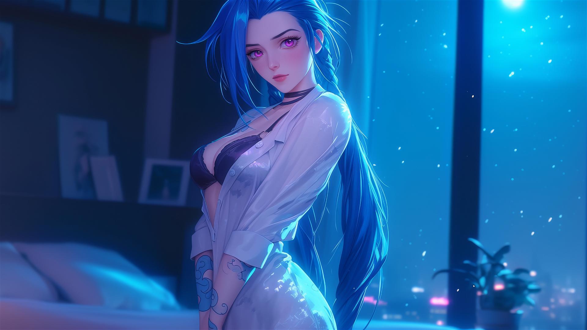Jinx from League of Legends standing in an apartment under moonlight