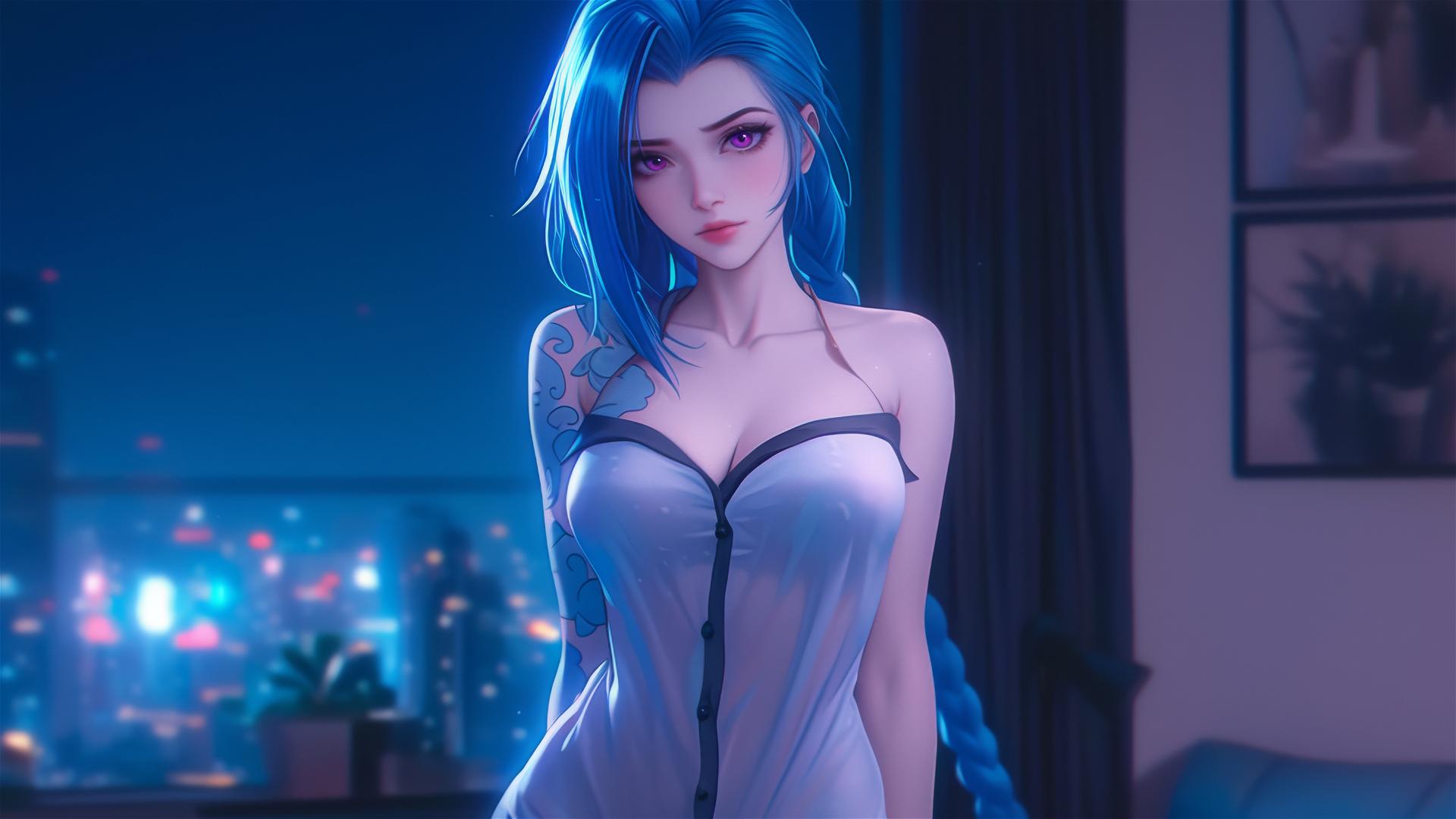 Jinx from League of Legends standing in an apartment bathed in moonlight.