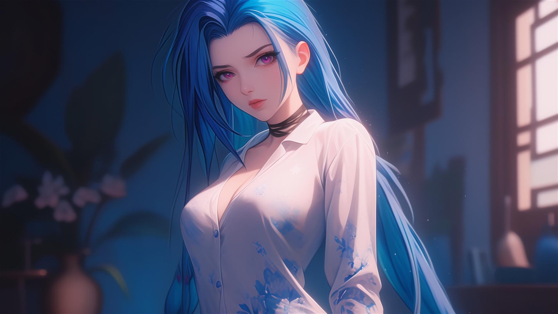 Jinx from League of Legends standing at an apartment in moonlight