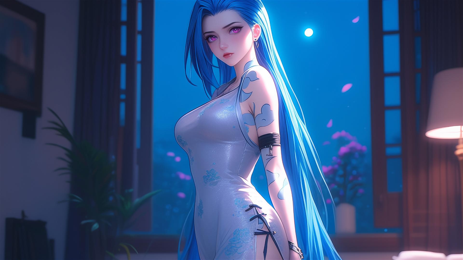 Jinx from League of Legends standing in apartment under moonlight