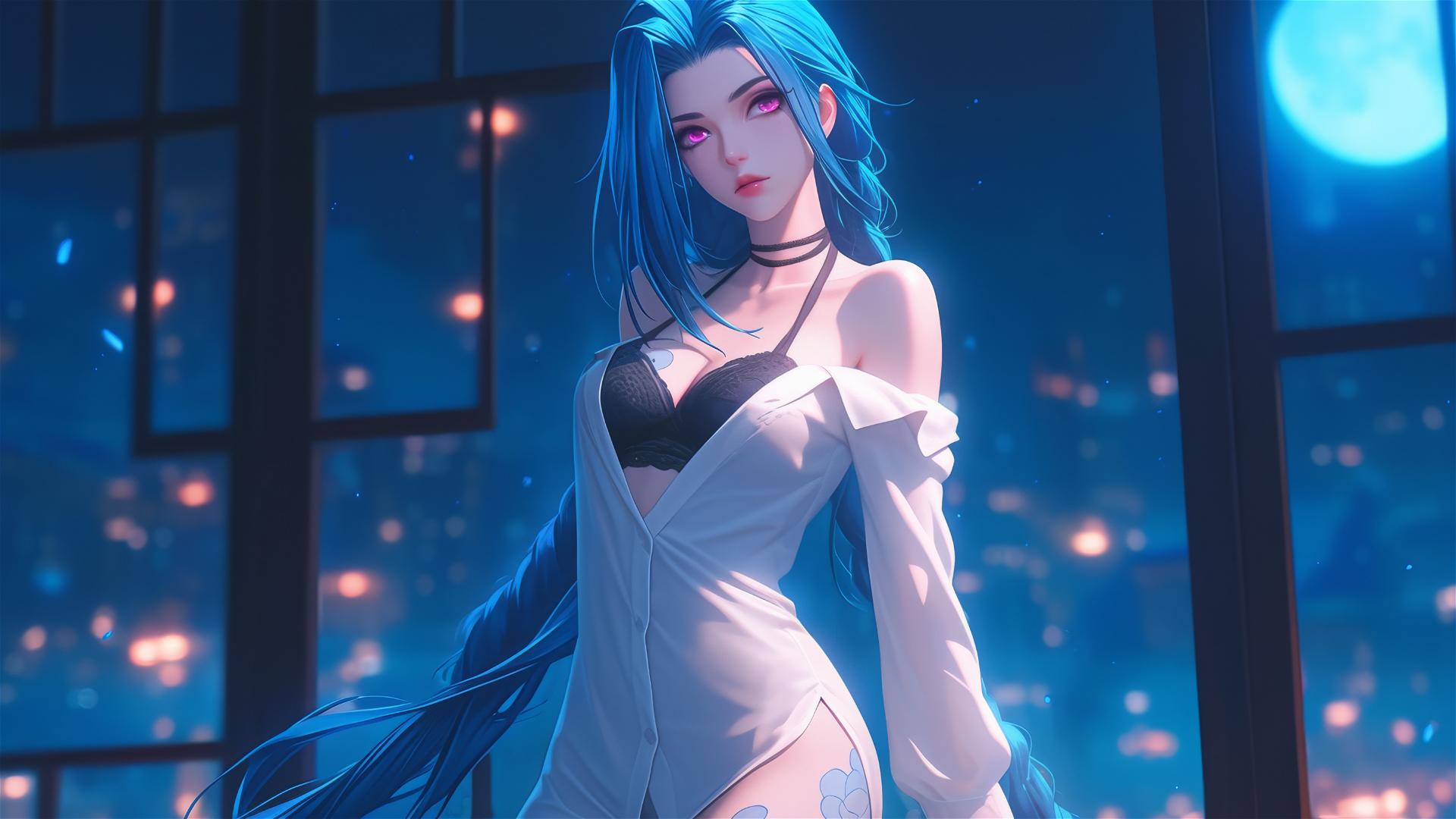 Jinx from League of Legends standing in an apartment, moonlight glow, pink eyes, blue hair, silk pajamas