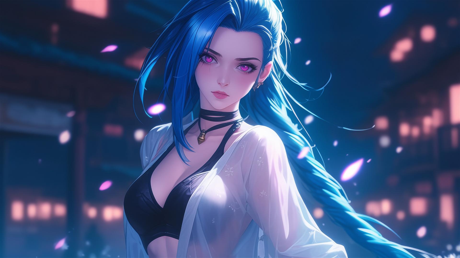 Jinx from League of Legends standing in moonlit apartment in silk pajamas