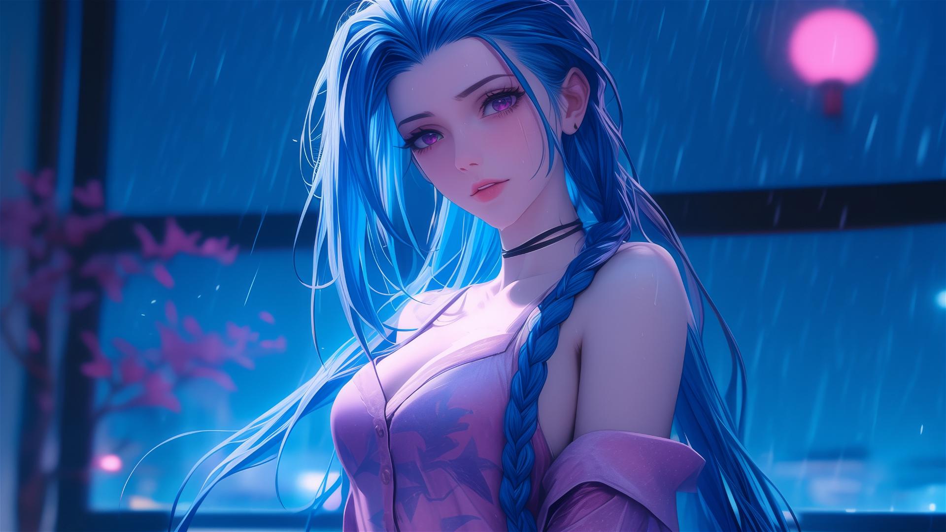 Jinx from League of Legends in silk pajamas, illuminated by moonlight in an apartment.