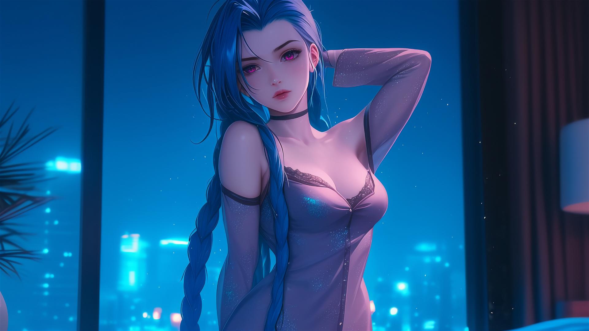 Jinx from League of Legends with pink eyes and blue hair in silk pajamas, moonlit