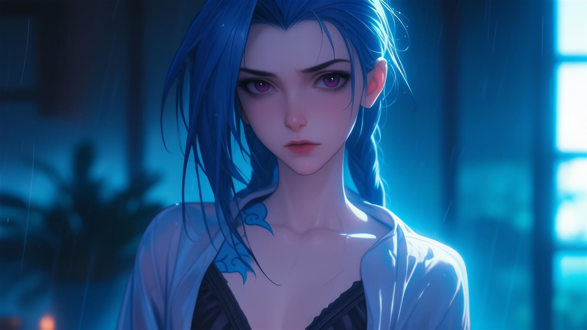 Jinx from League of Legends standing in an apartment with moonlight, pink eyes, blue hair, and silk pajamas.