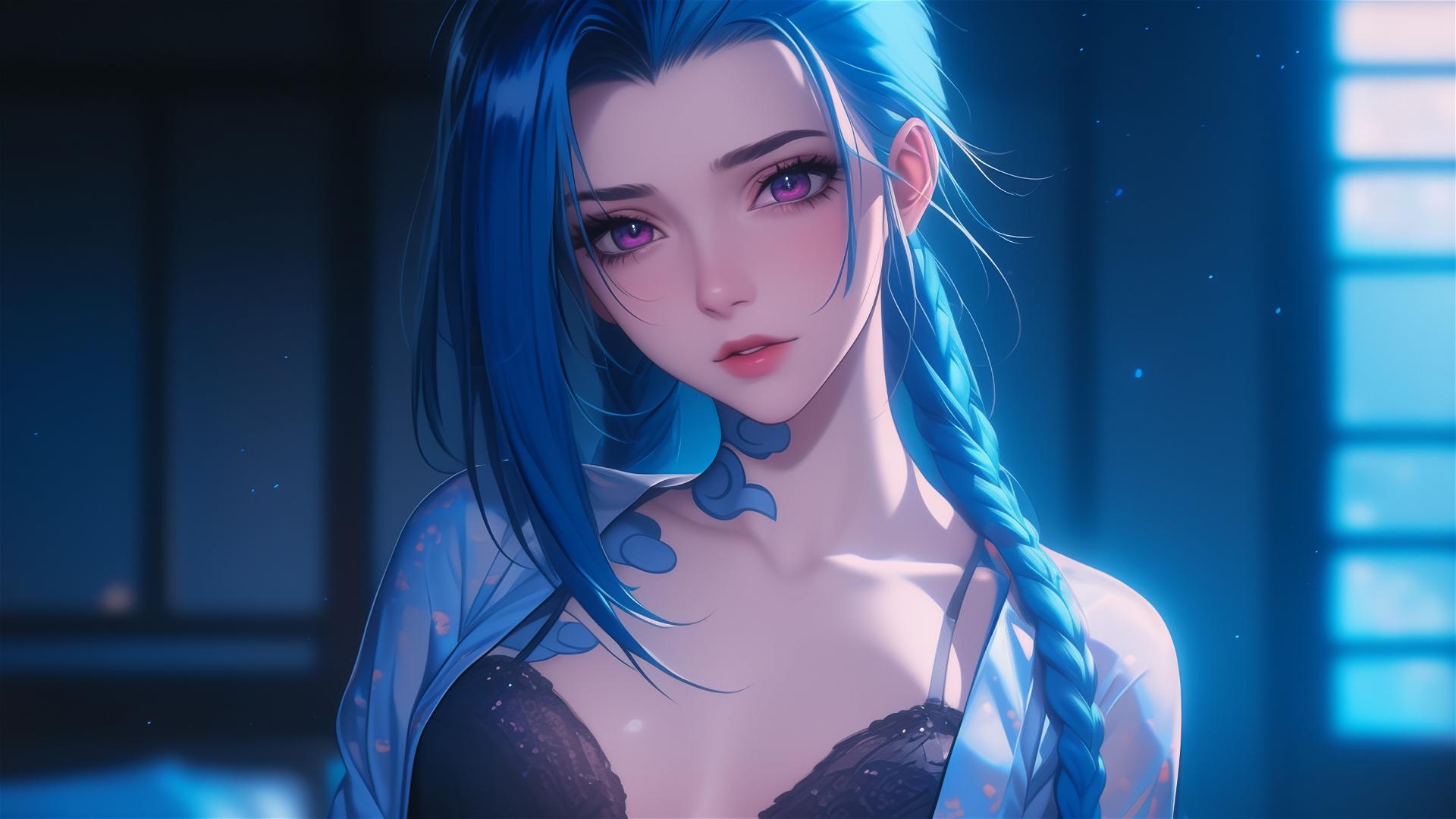 Jinx from League of Legends in silk pajamas, bathed in moonlight.