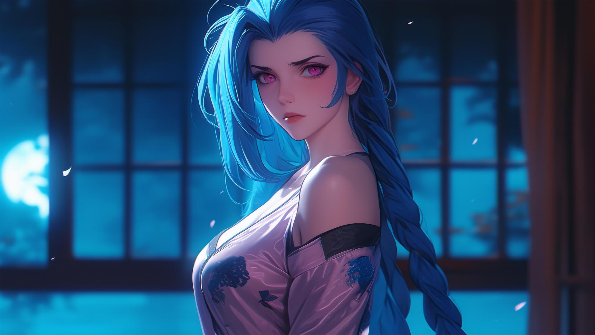 Jinx from League of Legends under moonlight in silk pajamas