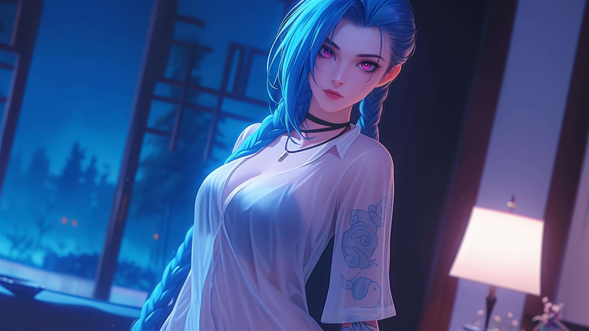 Jinx from League of Legends standing in an apartment under moonlight