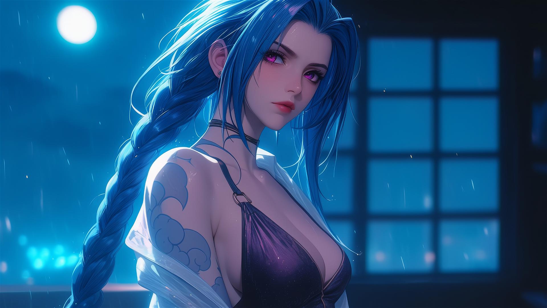 Jinx from League of Legends in moonlit apartment
