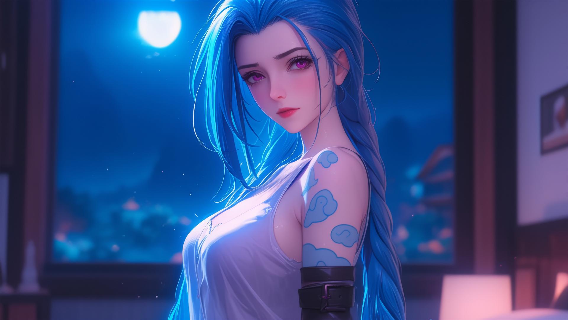 Jinx from League of Legends standing in apartment under moonlight with pink eyes, blue hair, and silk pajamas