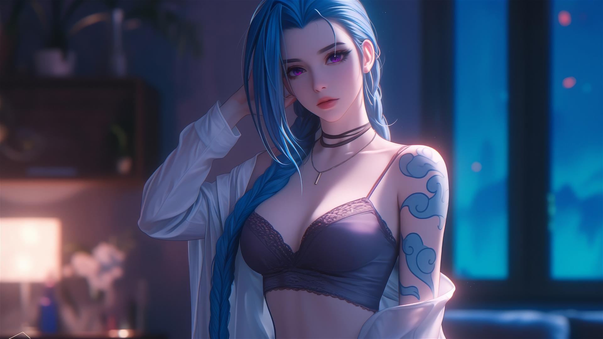 Jinx from League of Legends standing in moonlit apartment