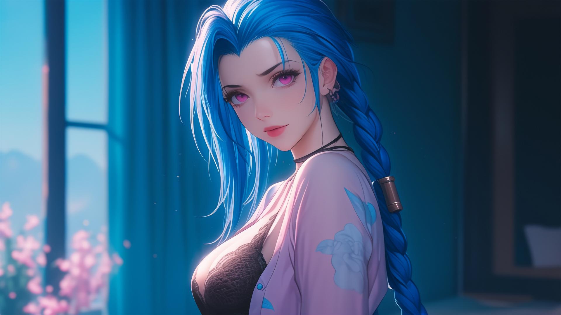 Jinx from League of Legends in silk pajamas, moonlight glow