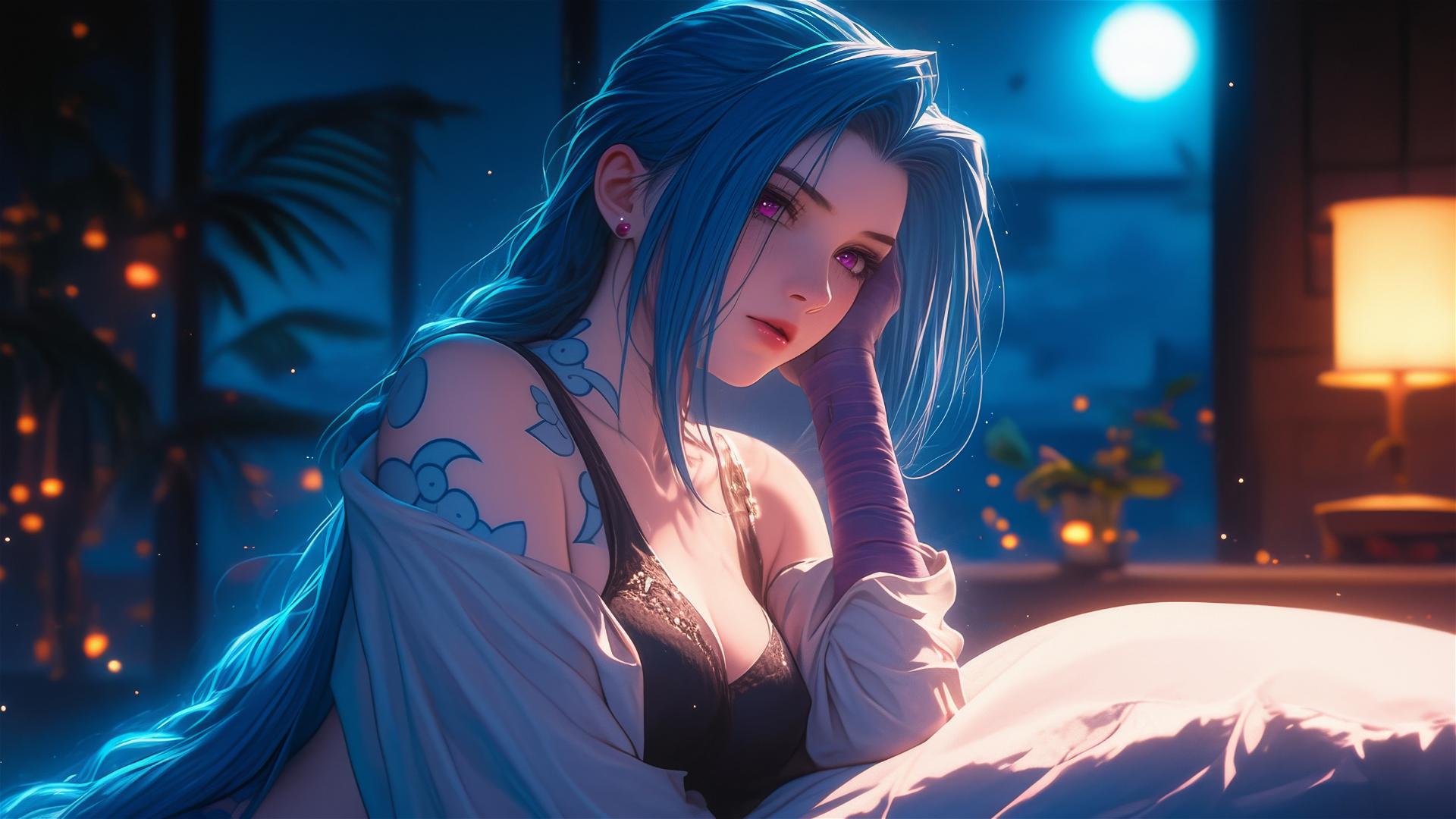 Jinx from League of Legends, moonlit apartment, pink eyes, blue hair, silk pajamas