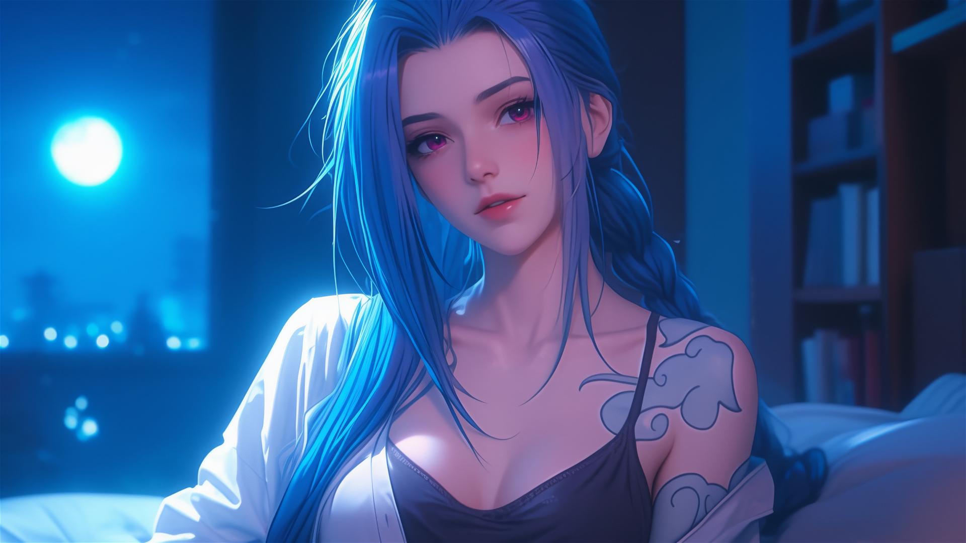 Jinx from League of Legends resting in apartment with moonlight, pink eyes, blue hair, and silk pajamas.