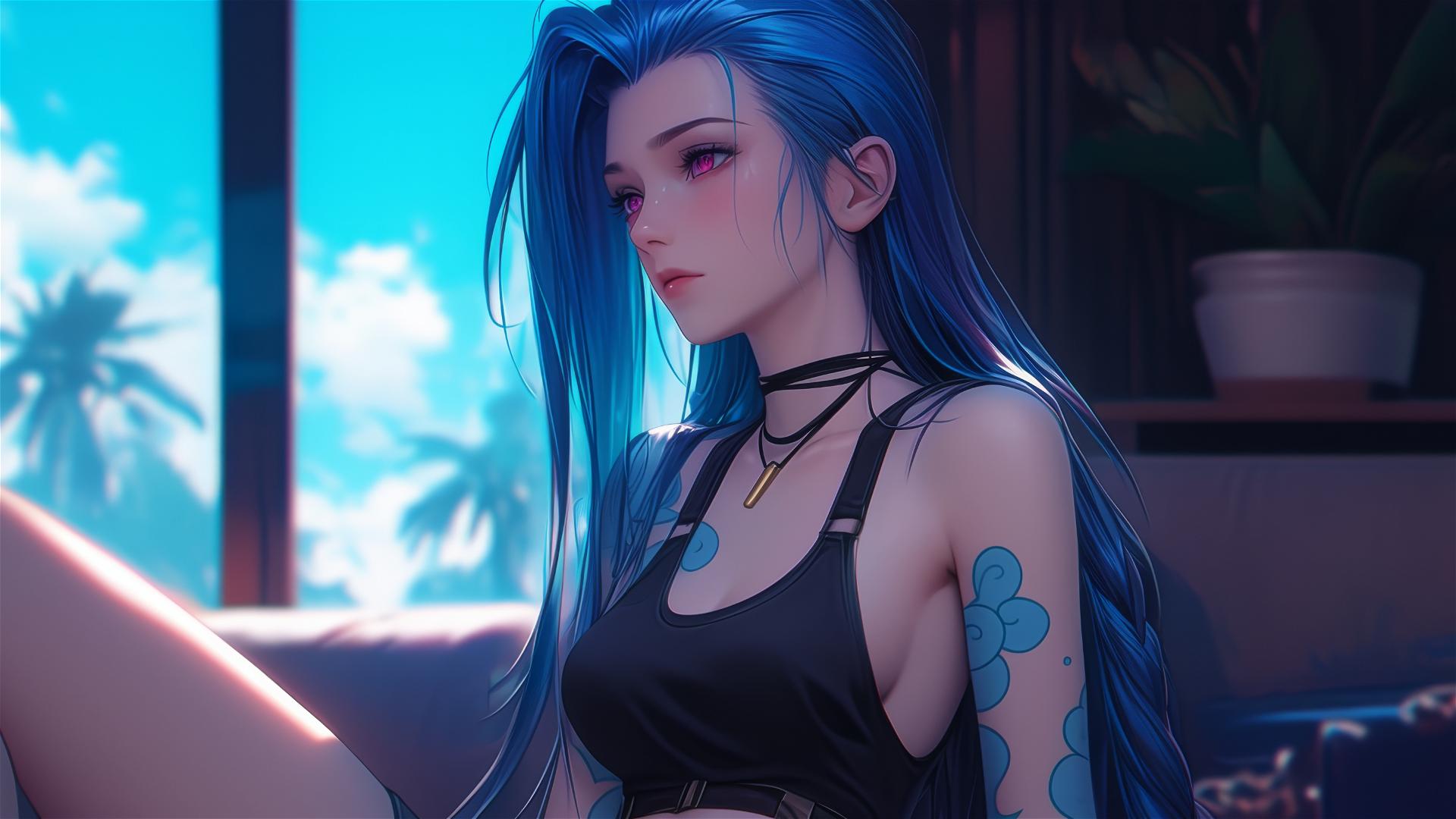Jinx from League of Legends resting in an apartment under moonlight.