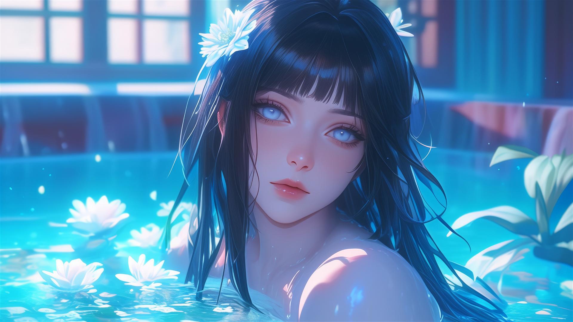 Hinata Hyuga from Naruto in a tub of flowers in a Chinese spa