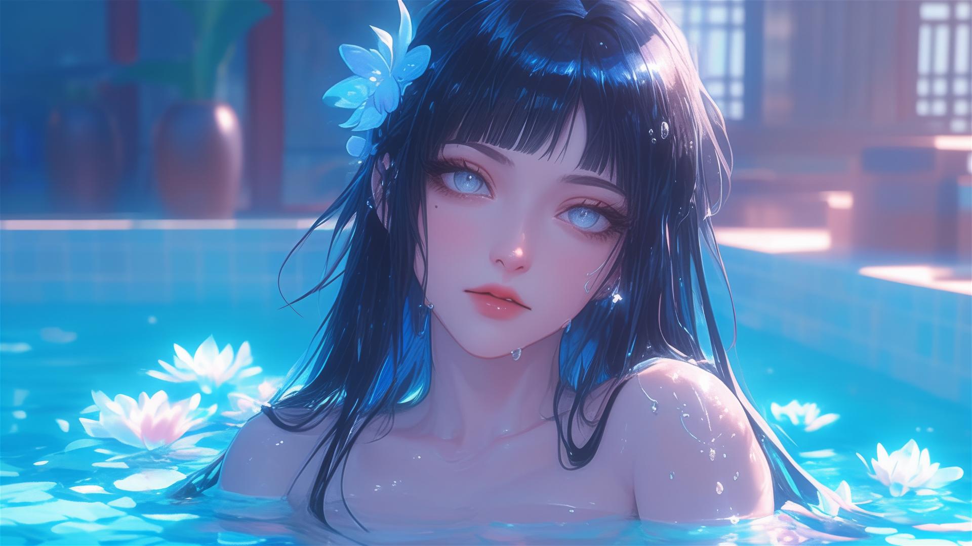 Hinata Hyuga from Naruto in a tub of flowers at a Chinese spa, white eyes.
