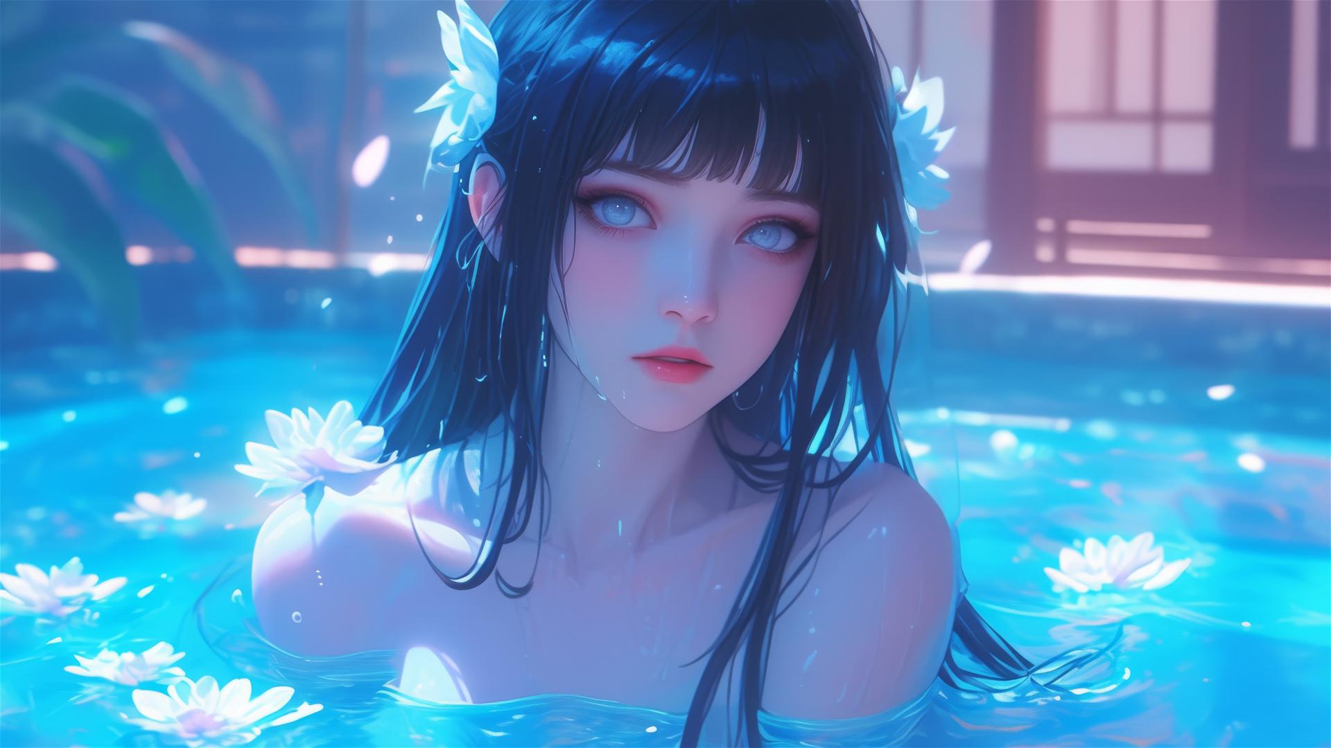 Hinata Hyuga from Naruto inside a flower-filled tub in a Chinese spa.
