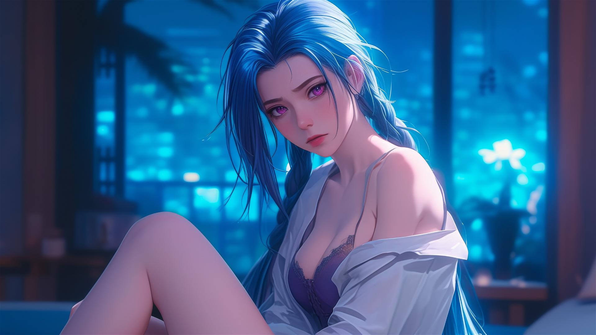 Jinx from League of Legends sitting in an apartment lit by moonlight