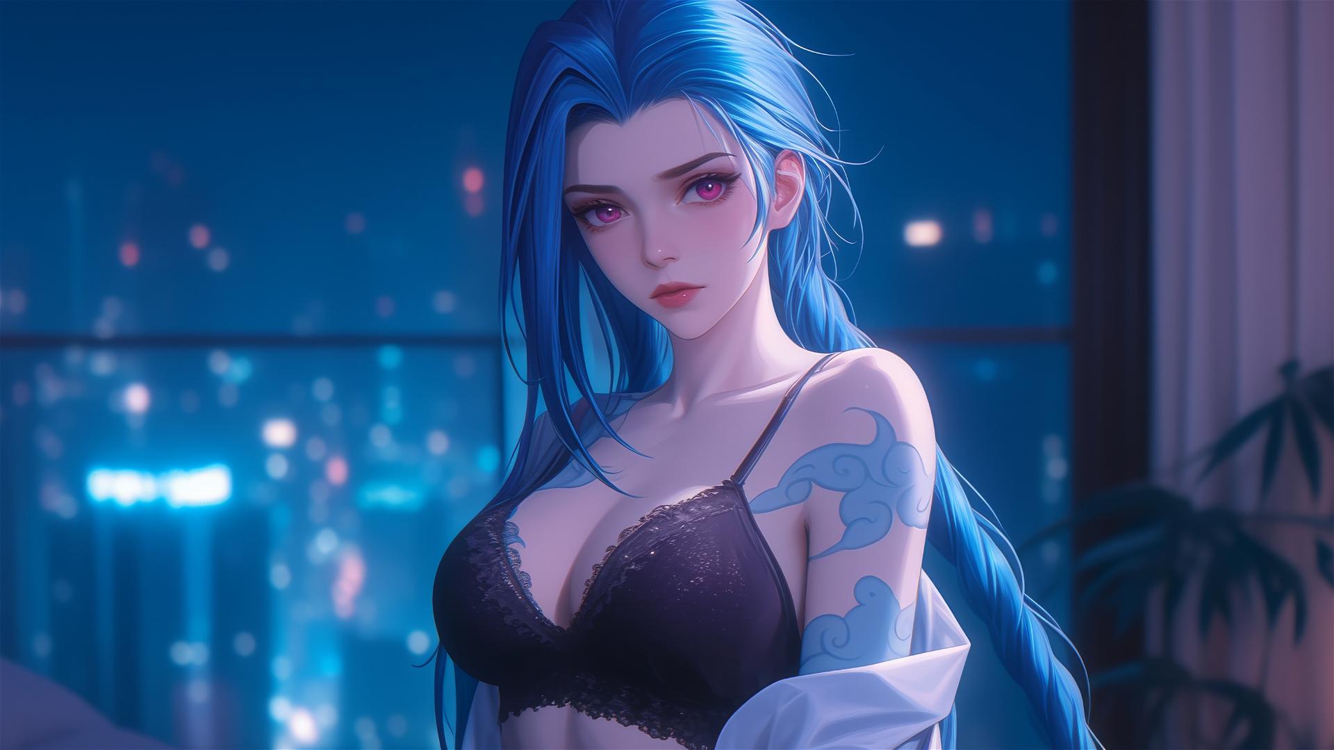 Jinx from League of Legends standing in apartment with moonlight glow