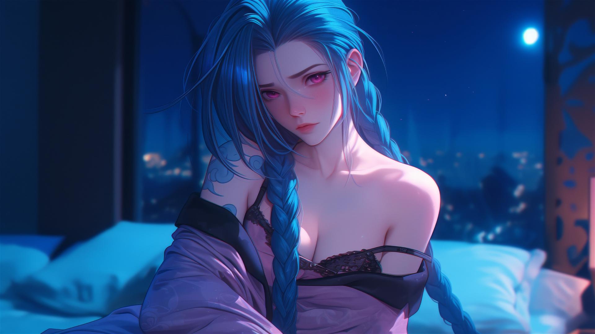 Jinx from League of Legends stands in apartment under moonlight