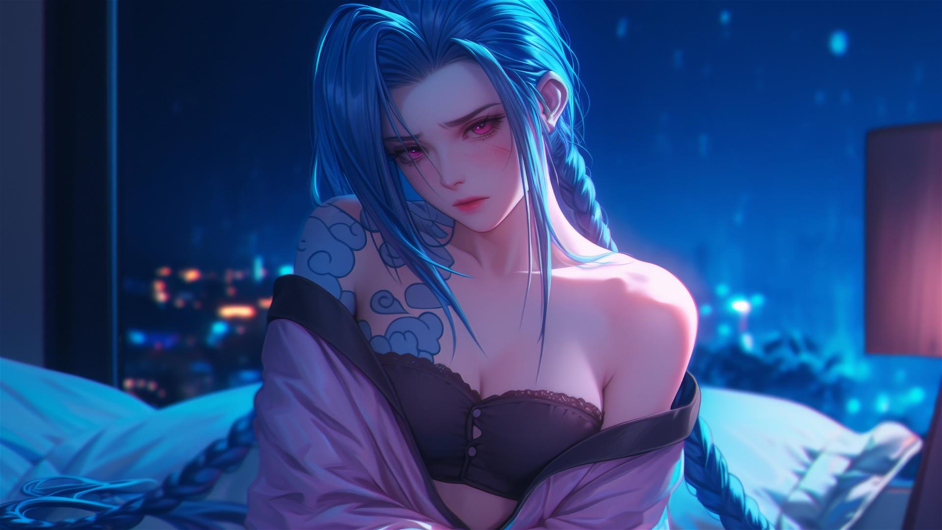 Jinx from League of Legends in silk pajamas standing in an apartment under moonlight