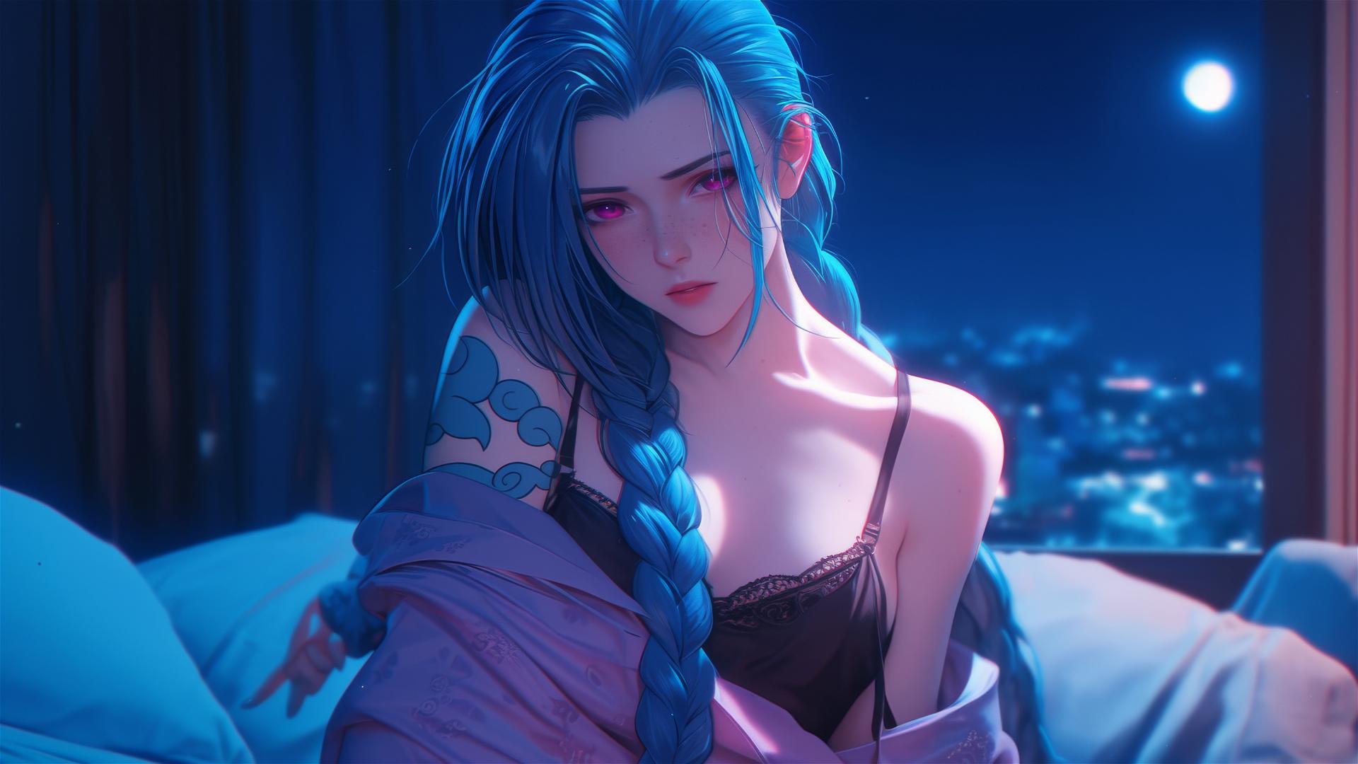Jinx from League of Legends in silk pajamas, standing in an apartment with moonlight glow