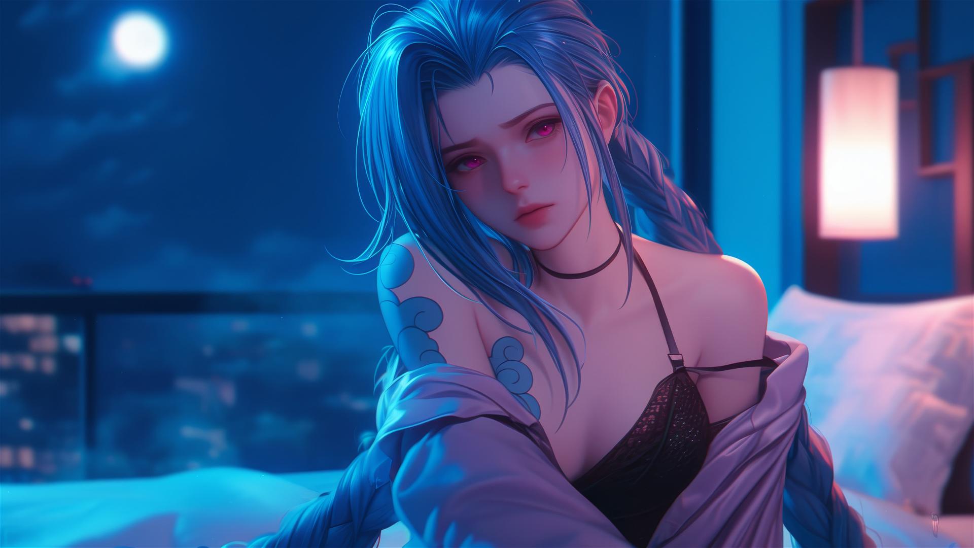 Jinx from League of Legends standing in an apartment under moonlight