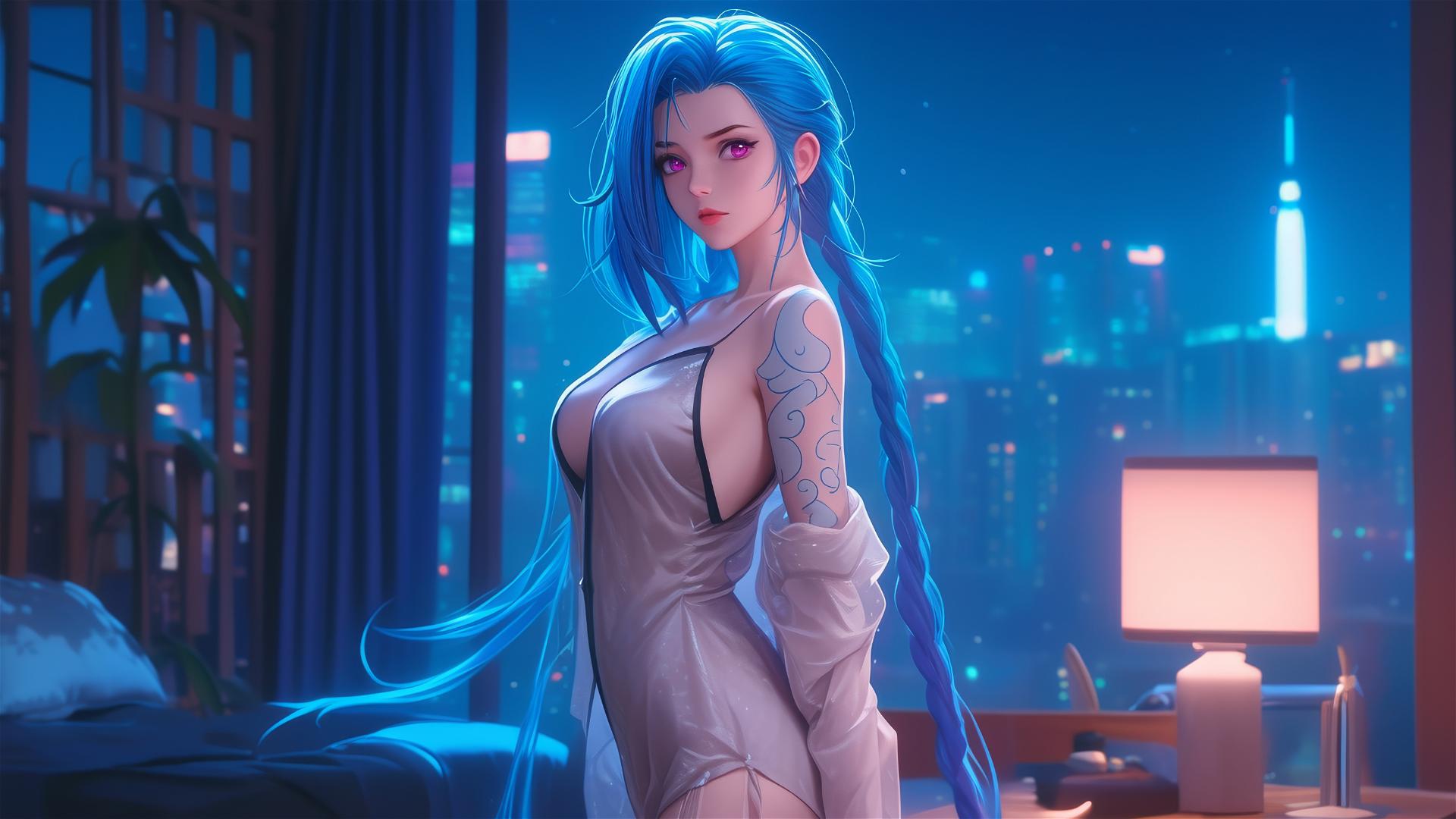 Jinx from League of Legends standing in moonlit apartment