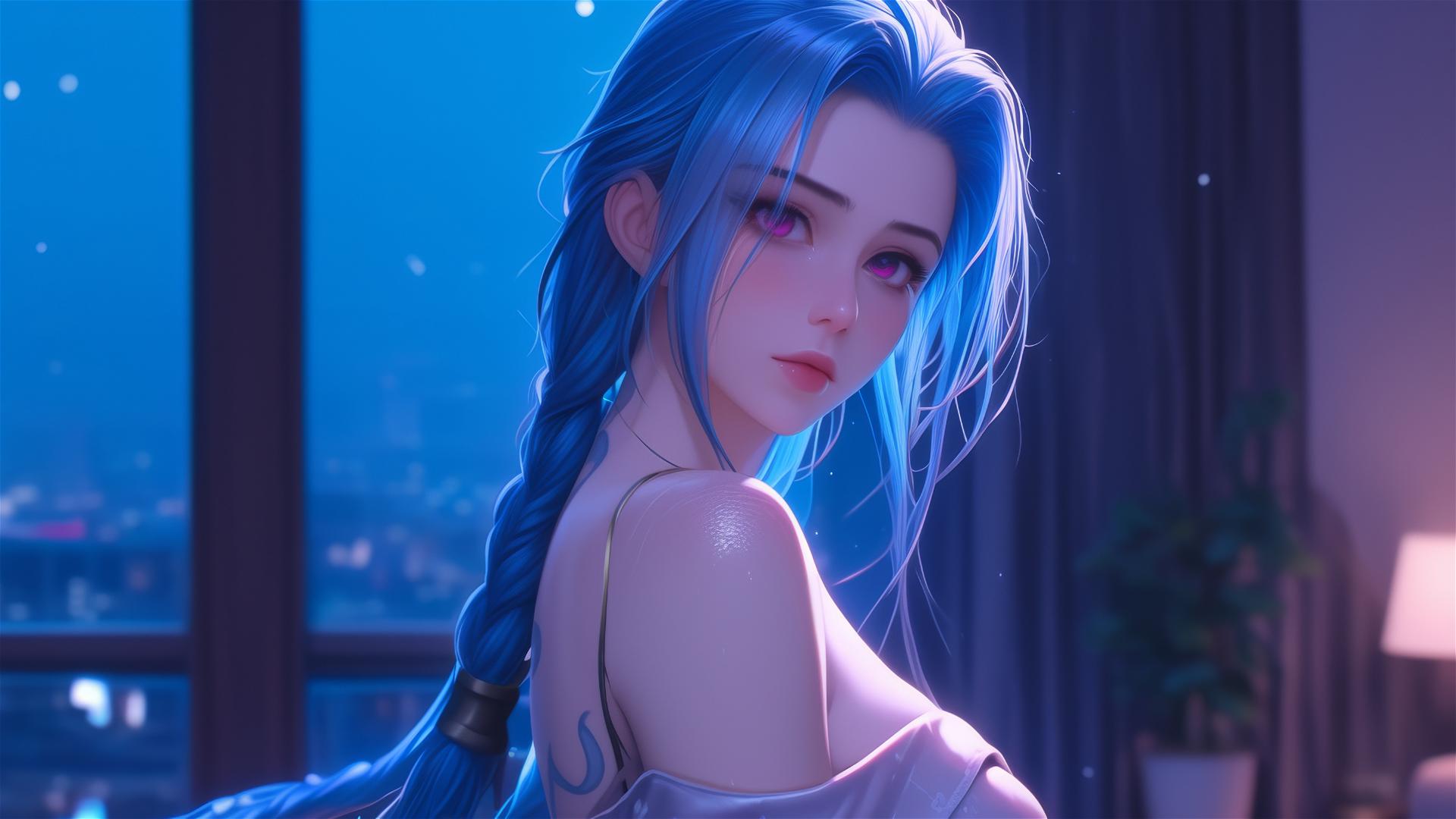Jinx from League of Legends standing in moonlit apartment with pink eyes and blue hair.